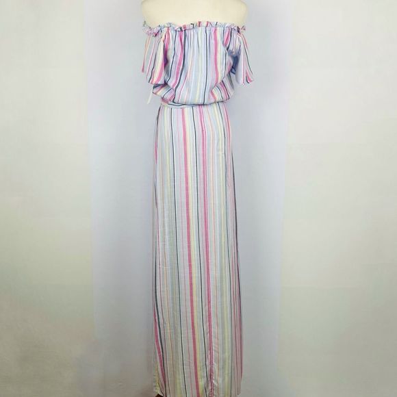 ☀️NWT MIDNIGHT DOLL Stripe Maxi Romper Off-the-Shoulder - Picture 6 of 16